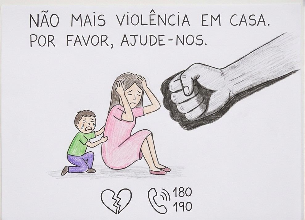 Desenho a lápis de cor: uma mulher sentada protege a cabeça enquanto um menino chora agarrado a ela, diante de um punho fechado. Texto: Não mais violência em casa. Por favor, ajude-nos. Telefones 180 e 190.